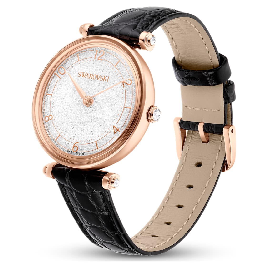 crystalline wonder watch swiss made leather strap black rose gold tone finish swarovski ()